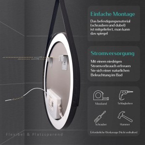 Detailaufnahme der Rückseite eines runden Emke Badspiegels mit LED-Beleuchtung und Montagehinweisen.