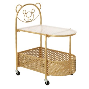 Goldener Beistelltisch mit Bärendesign, 2 Ebenen, Glasablage, Rollen. Moderner Glastisch.