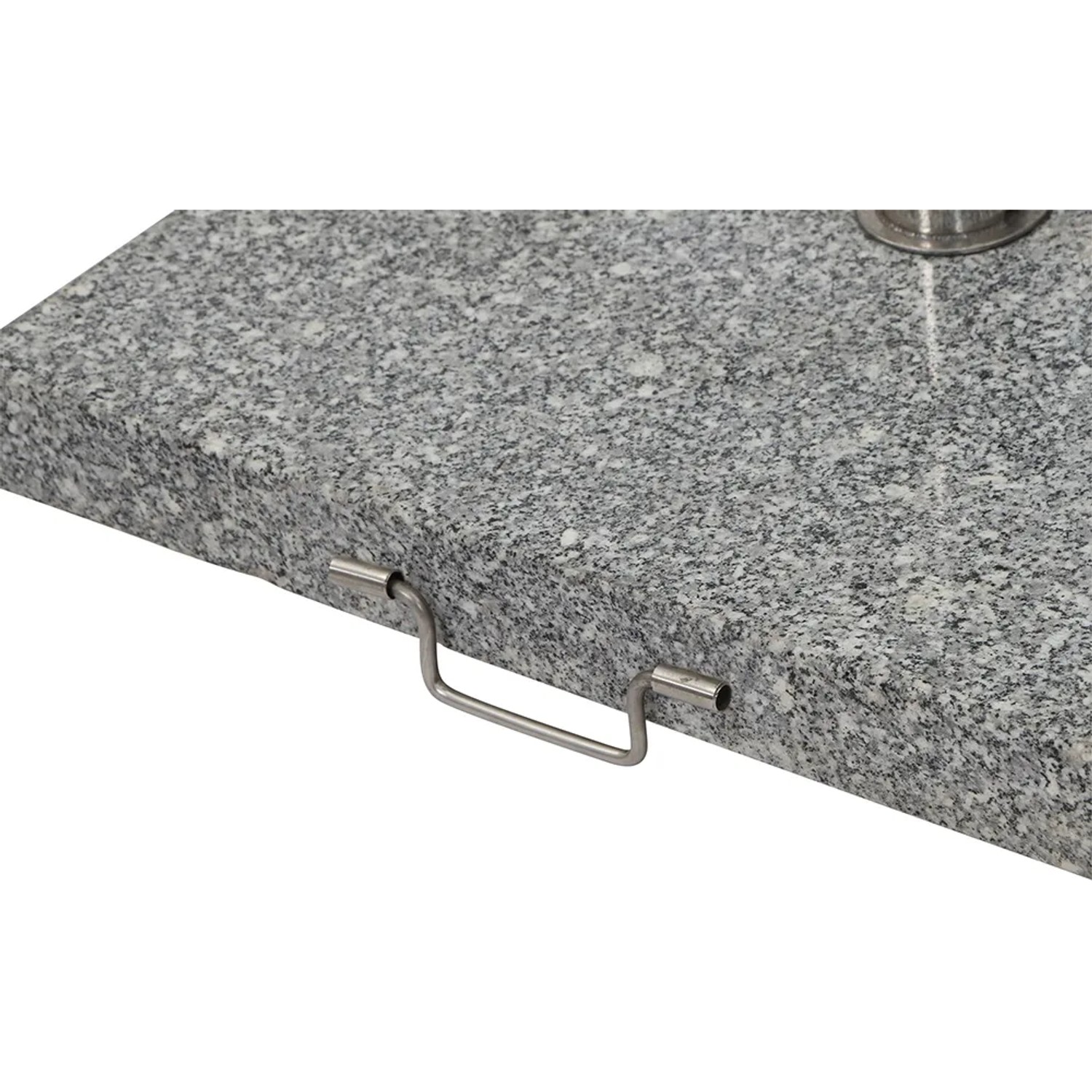 Grauer Siena Garden Schirmständer aus Granit, 54x54x5,5 cm, mit Edelstahl-Standrohr und Tragegriff.