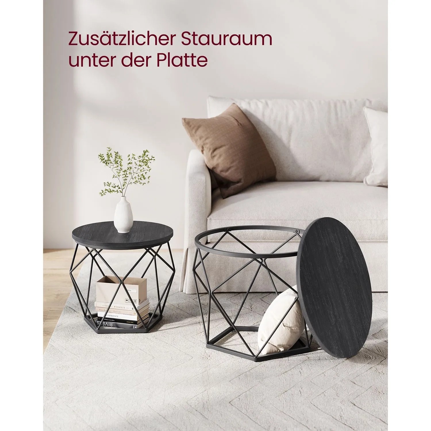 Vasagle Couchtisch 2er Set, rund, schwarz, mit geometrischem Stahlgestell. Stauraum unter der Platte.