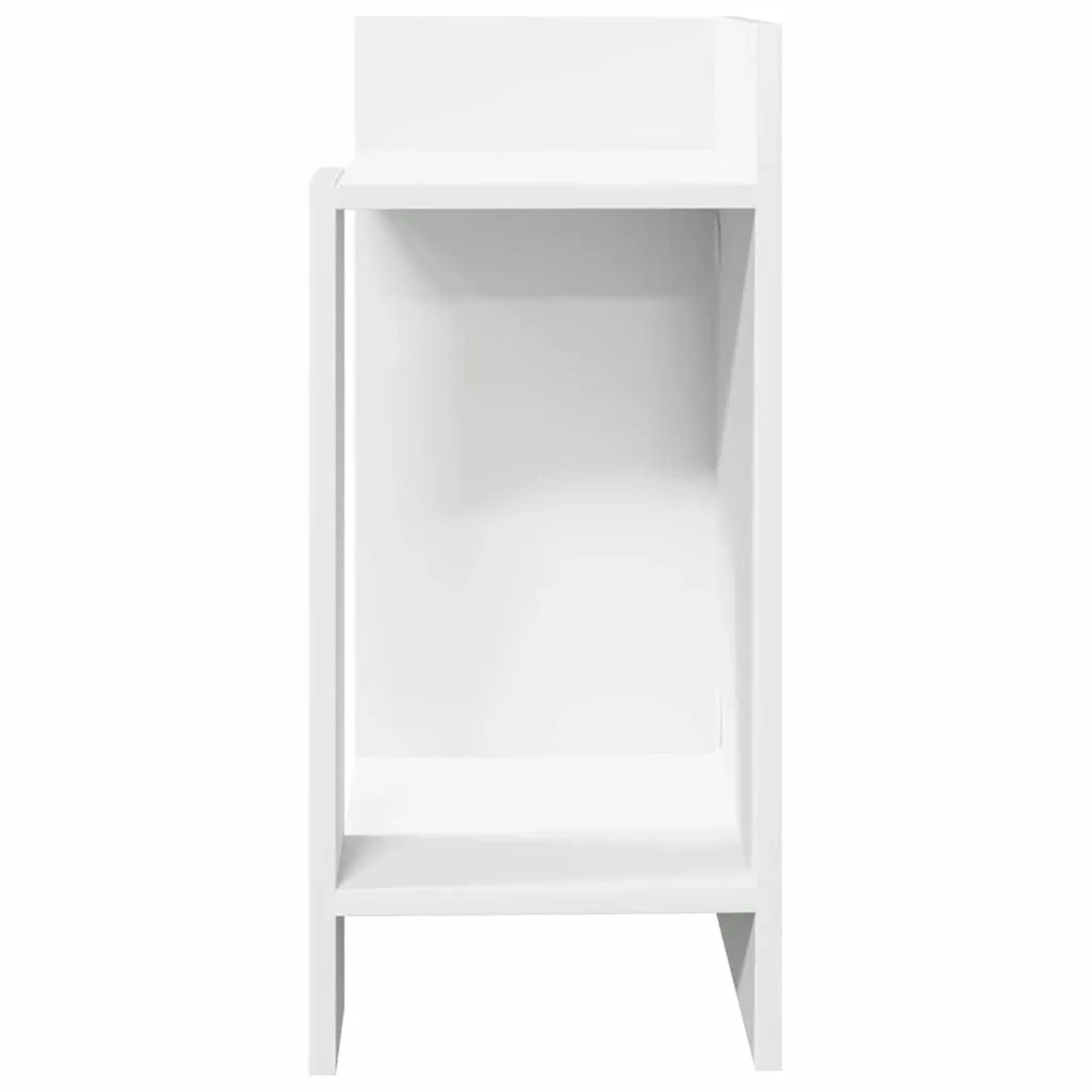 Weißer Beistelltisch aus Holzwerkstoff mit zwei offenen Ablagen. Modernes, schmales Design für Wohnzimmer.