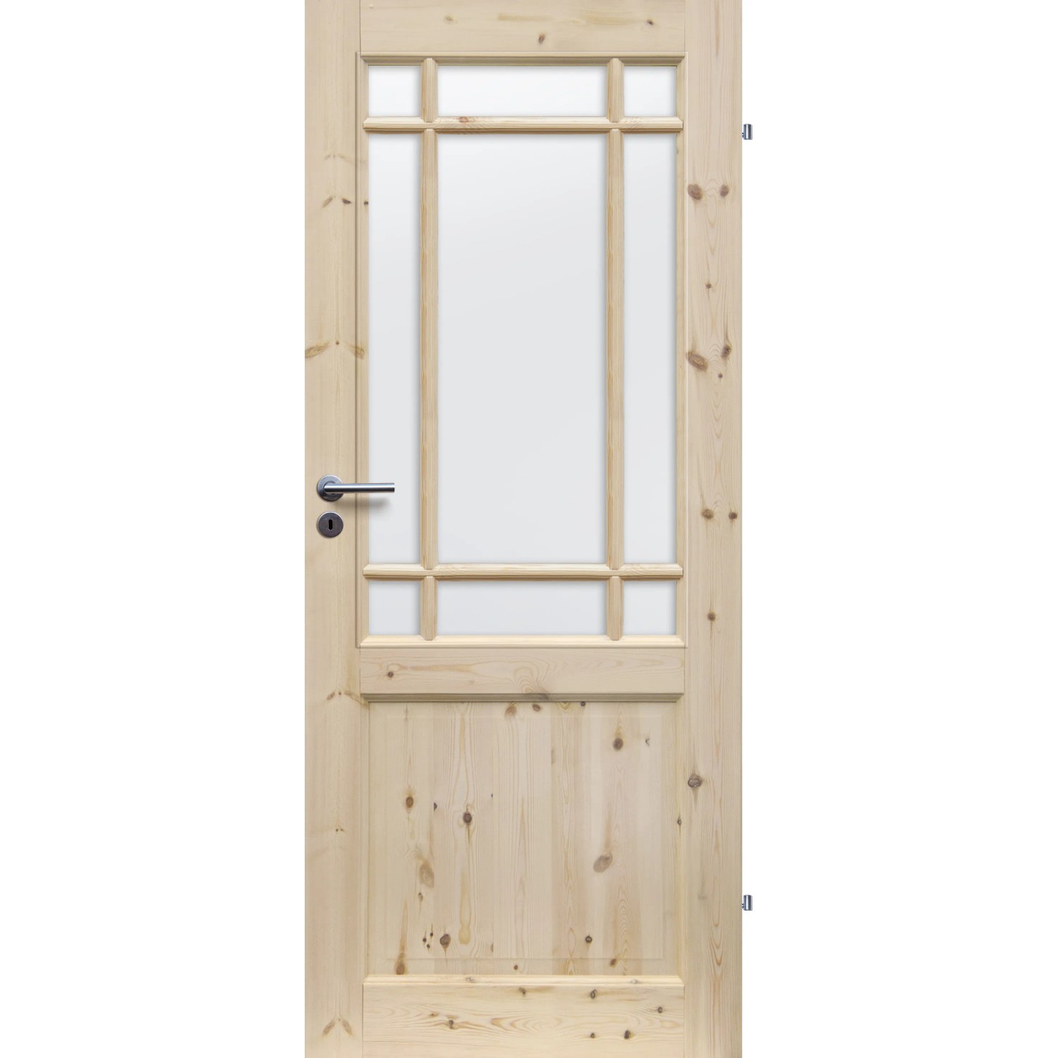 Radex Landhaus Zimmertür Kiefer mit Glas, links, 985x1985mm. Holz-Innentür mit satiniertem Glas.