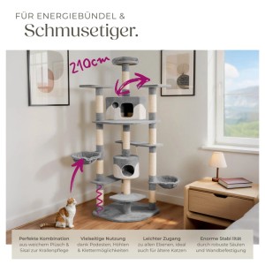 Grau-weißer Tectake Kratzbaum Fippi, 201 cm hoch, mit Liegemulden und Katzenhäusern.