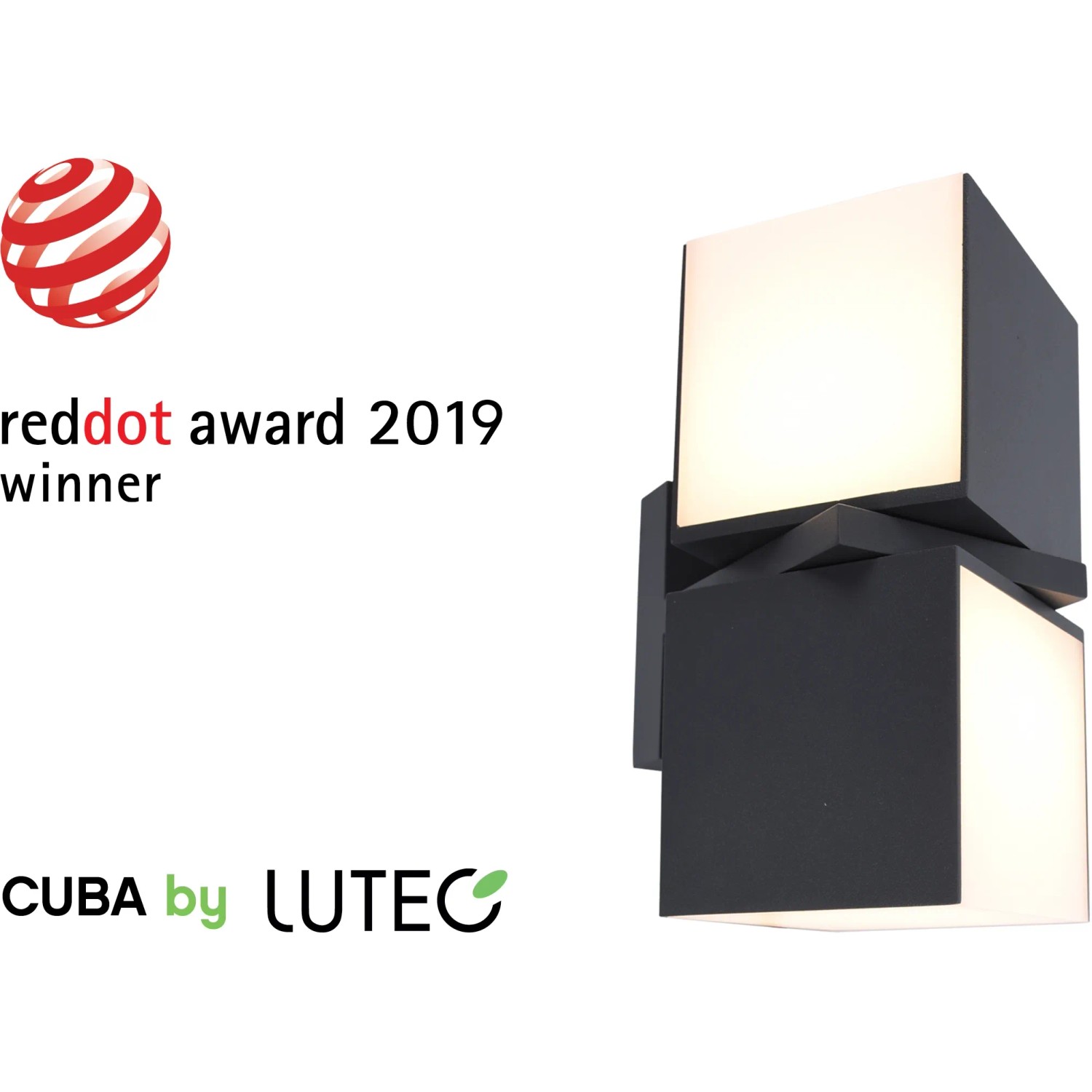 Moderne Lutec LED Design Außenleuchte Cuba mit zwei drehbaren, leuchtenden Würfeln.