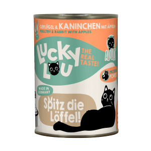 Lucky Lou Katzen-Nassfutter Adult Geflügel & Kaninchen, Dose mit Katzenmotiv.