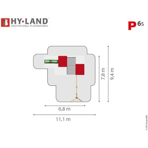 Draufsicht Hy-Land Spielgerät P6S mit Rutsche und Doppelschaukel, Maße: 11,1 x 9,4 m.