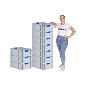 PROREGAL Eurobox Sparset: 10 graue Aufbewahrungsboxen mit blauen Griffen und Deckel, gestapelt.