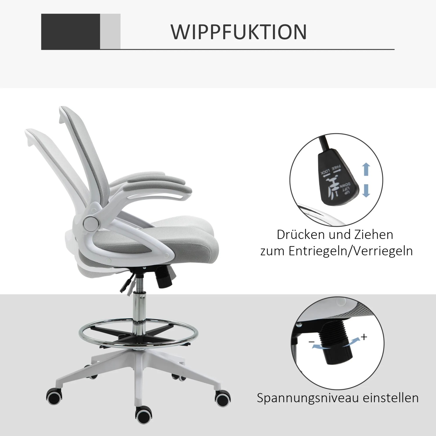Hellgrauer Vinsetto Bürostuhl mit Wippfunktion, verstellbaren Armlehnen und Fußstütze.