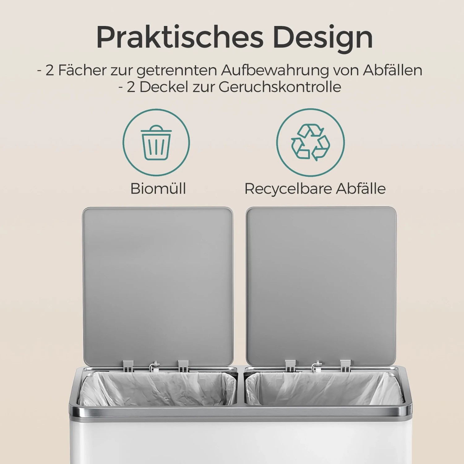 Songmics Mülleimer Pary, weiß-grau, 2 Fächer für Mülltrennung.