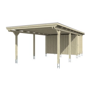 Skan Holz Einzelcarport Emsland mit Abstellraum, Holzkonstruktion mit flachem Dach und Regenrinne.