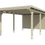 Skan Holz Einzelcarport Emsland mit Abstellraum, Holzkonstruktion mit flachem Dach und Regenrinne.