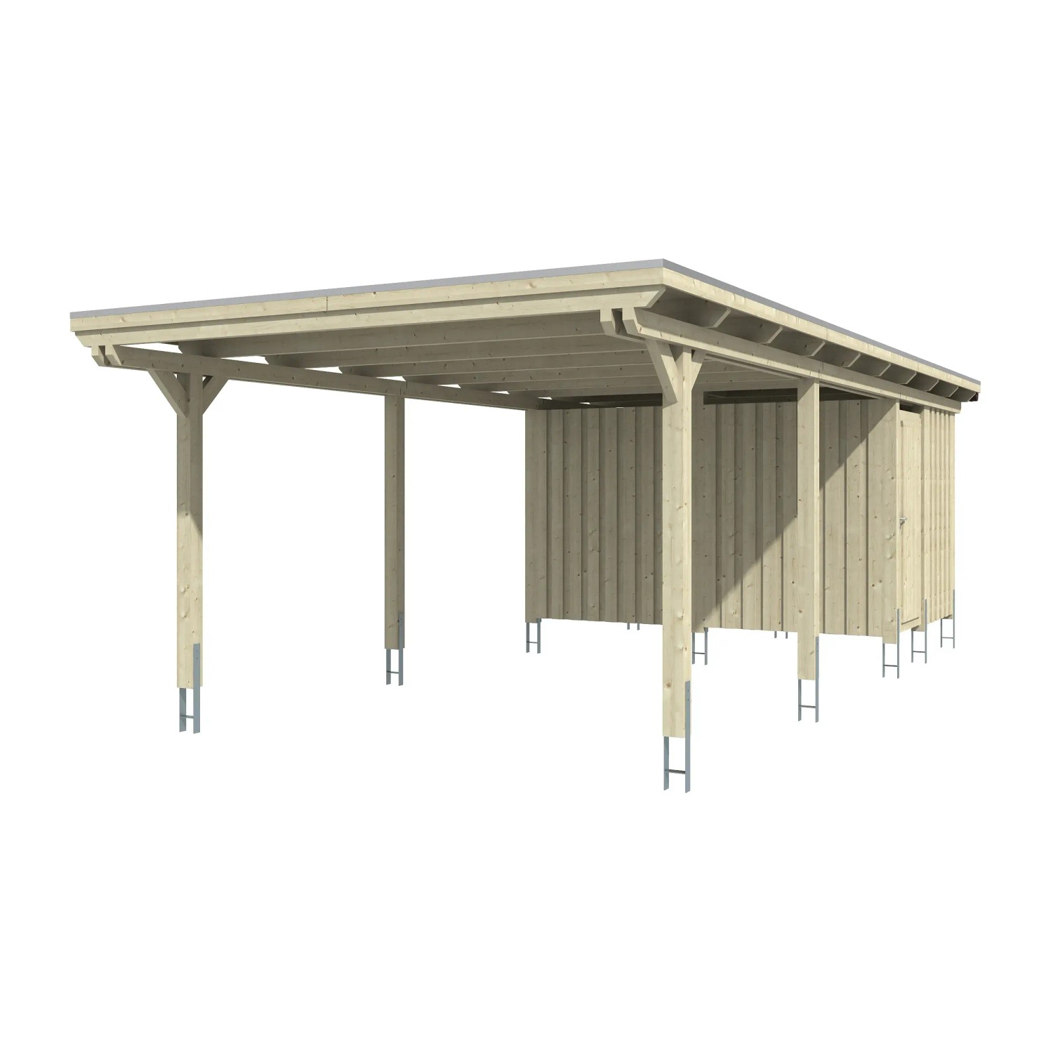 Skan Holz Einzelcarport Emsland mit Abstellraum, Holzkonstruktion mit flachem Dach und Regenrinne.