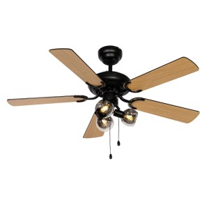 QAZQA Deckenventilator Mistral Vidro mit Holzprint, schwarz, 107,5 cm, 3-flammig mit Zugschalter.