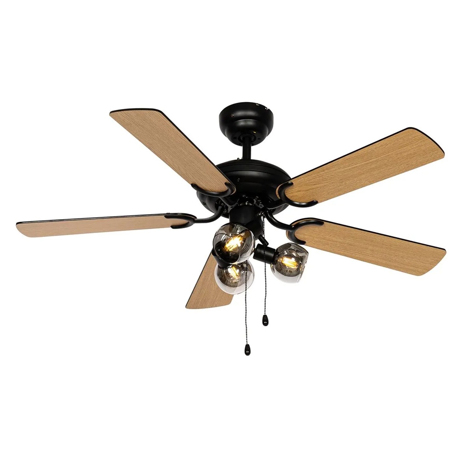 QAZQA Deckenventilator Mistral Vidro mit Holzprint, schwarz, 107,5 cm, 3-flammig mit Zugschalter.