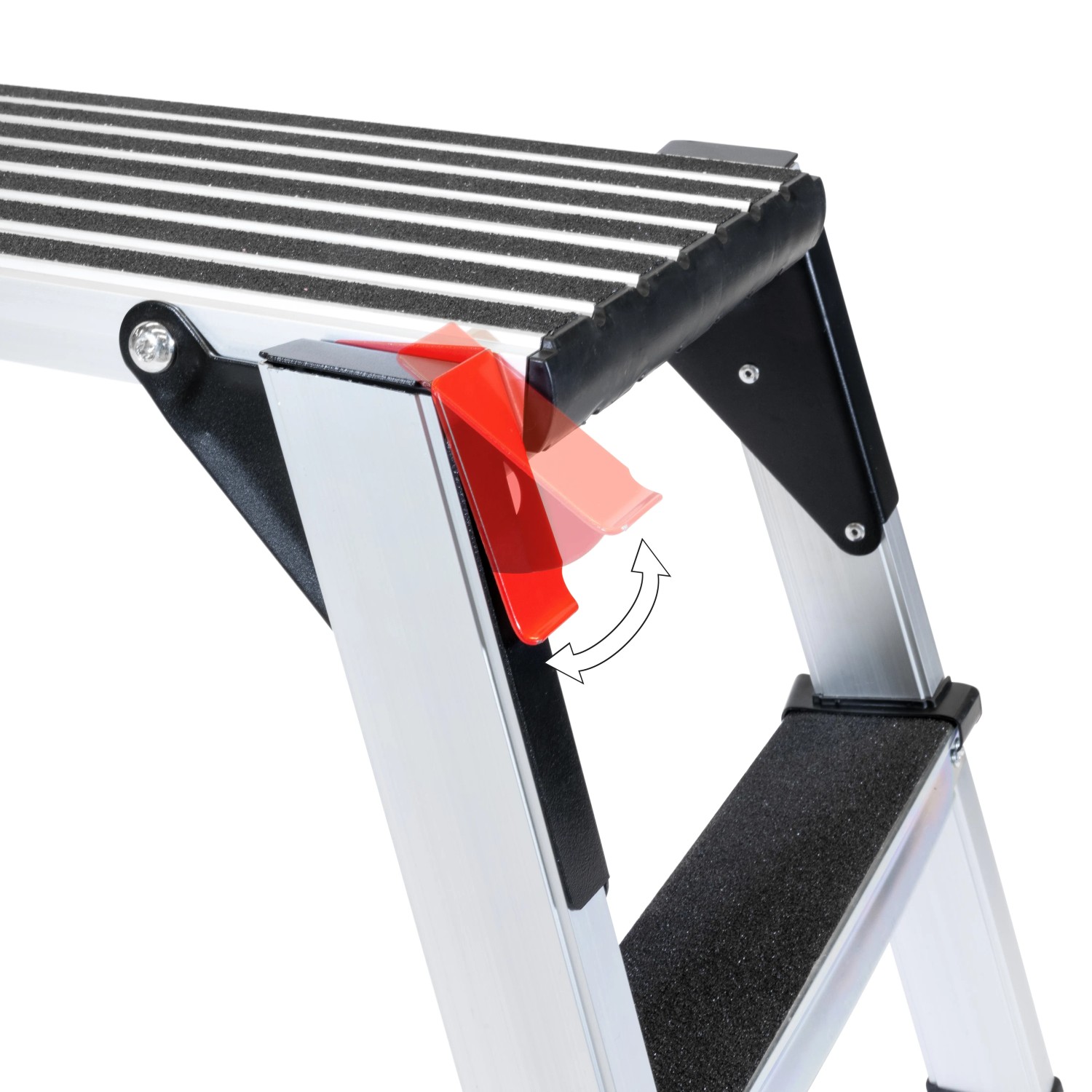 Detailansicht der Aluminium Arbeitsplattform GAAP 960 mit roter Arretierung.