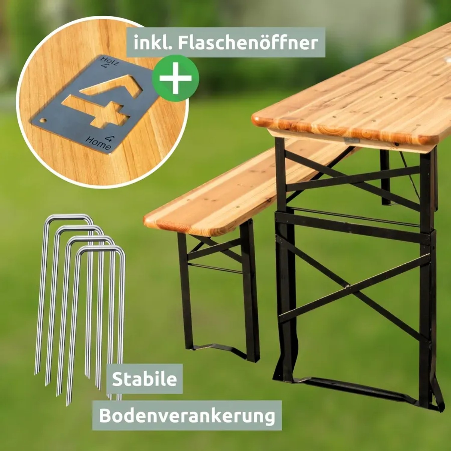 Holz4home Bierzeltgarnitur mit Tisch, Bänken, Flaschenöffner und Erdankern. Klappbar und höhenverstellbar.