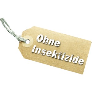 Detailaufnahme einer Neudorff Gelbtafel: Hinweisschild "Ohne Insektizide" für Schädlingsbekämpfung.