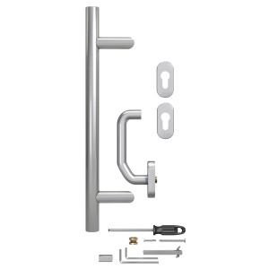Stoßgriff-Set aus V2A-Edelstahl (350 mm) mit Drücker, Rosetten und Montagezubehör für Haustüren.
