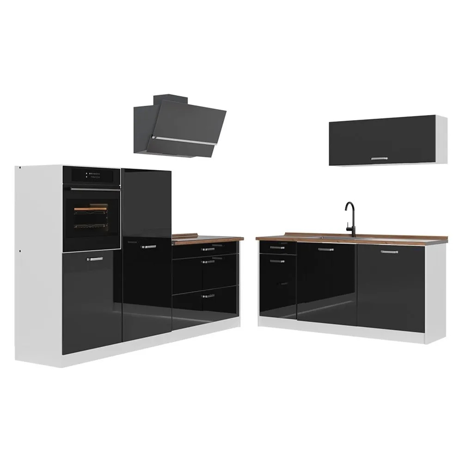 Vicco Küchenzeile R-Line Schwarz Hochglanz/Weiß 220 x 143 Arbeitsplatte Goldkraft Eiche Art Nr 66335