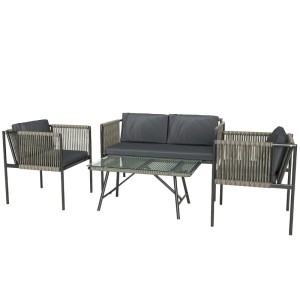 Graues Outsunny Rattan Gartenmöbel-Set: 2 Sessel, 1 Sofa, Couchtisch mit Glasplatte. Ideal für Balkon & Garten.