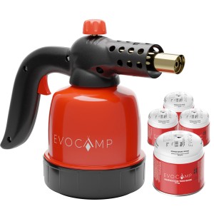 EVOCAMP Gasbrenner mit Piezozündung und 4 Gaskartuschen. Ideal zum Löten und Flambieren.