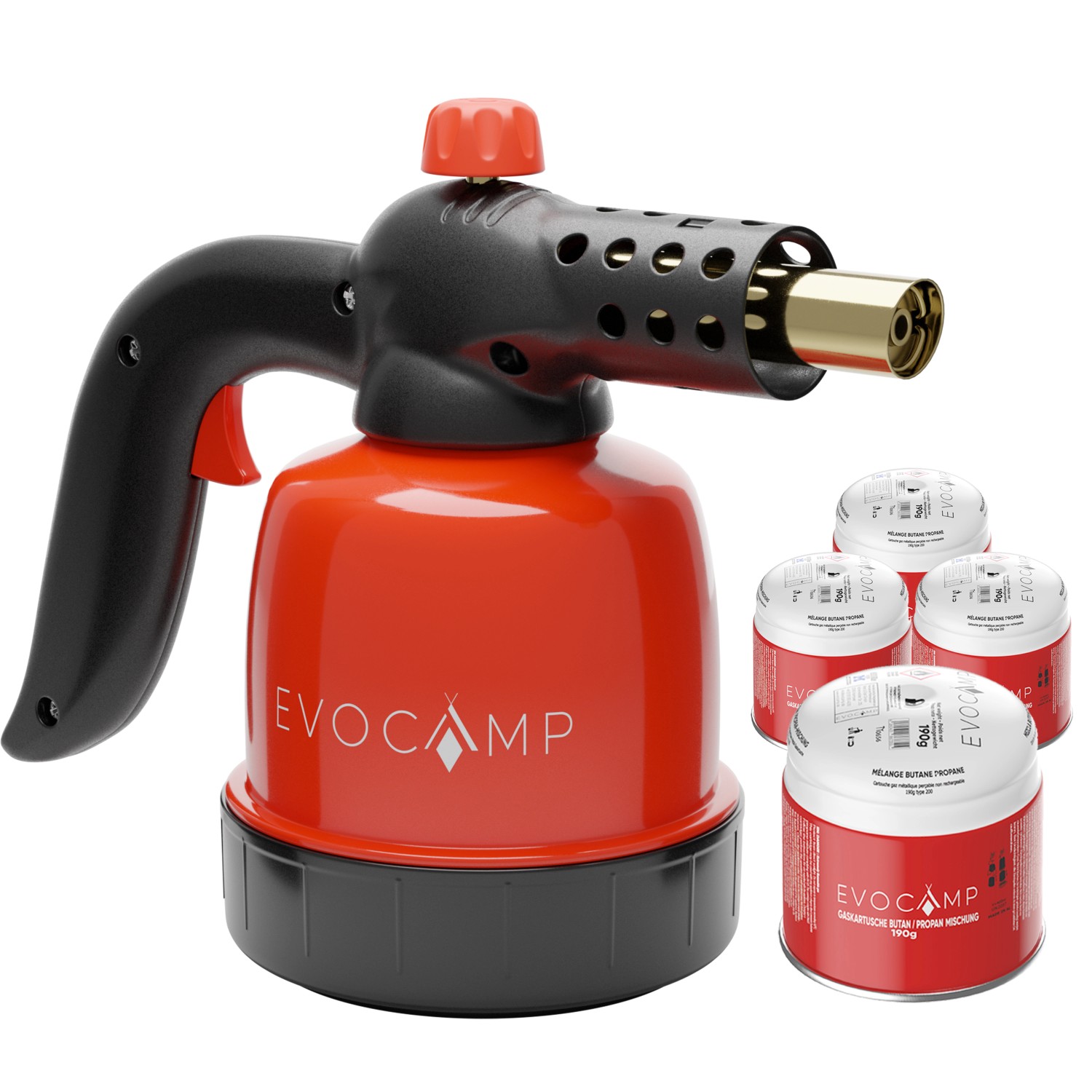 EVOCAMP Gasbrenner 1,3kW mit Piezozündung 1300°C Flamme und 4 190g Gaskartuschen