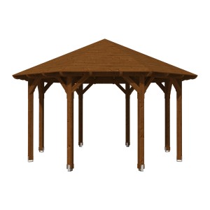 Skan Holz Pavillon Lyon 2 aus Douglasie, Ø 484 cm, Nussbraun. Robuste Holzkonstruktion mit Dach.