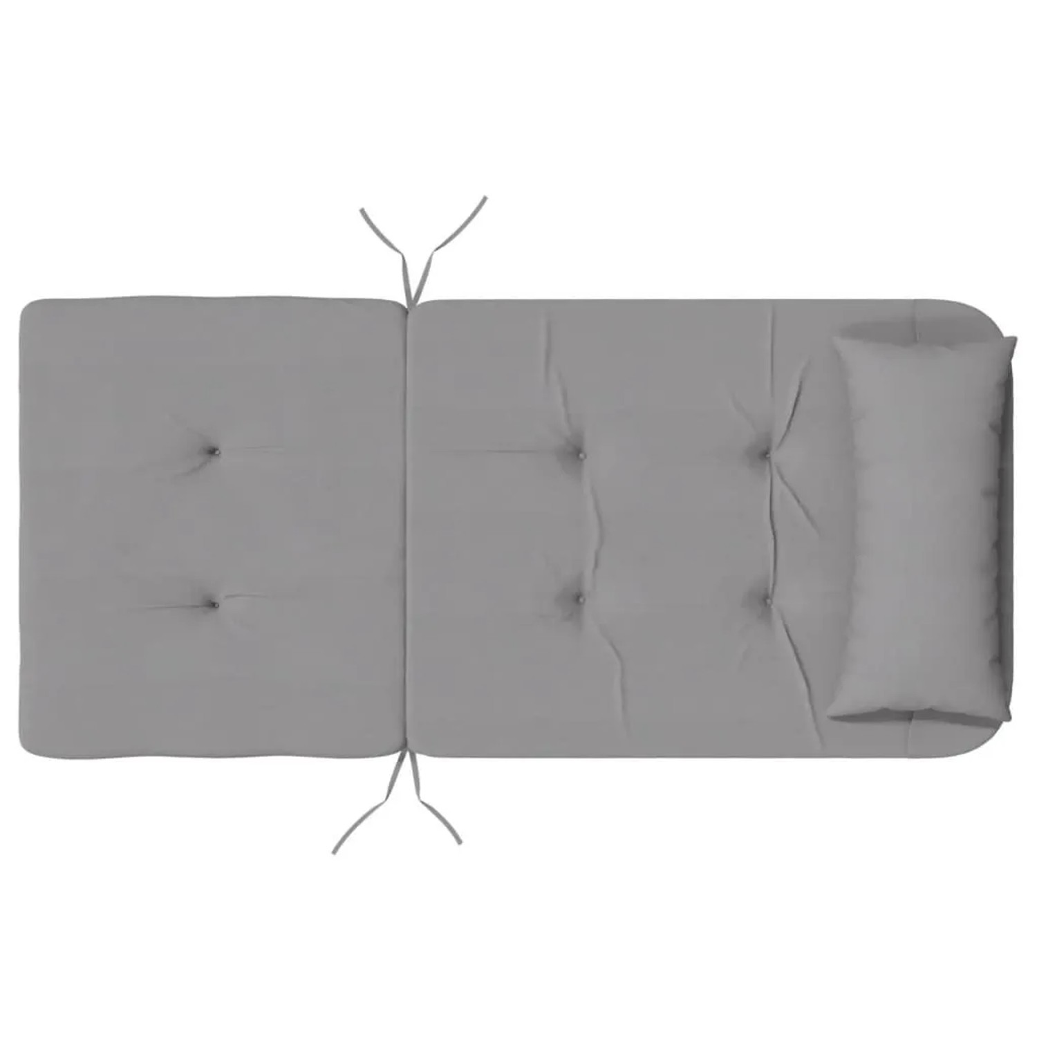 Zwei graue vidaXL Adirondack-Auflagen aus Oxford-Gewebe mit Knopfheftung, Bändern und Kopfkissen.