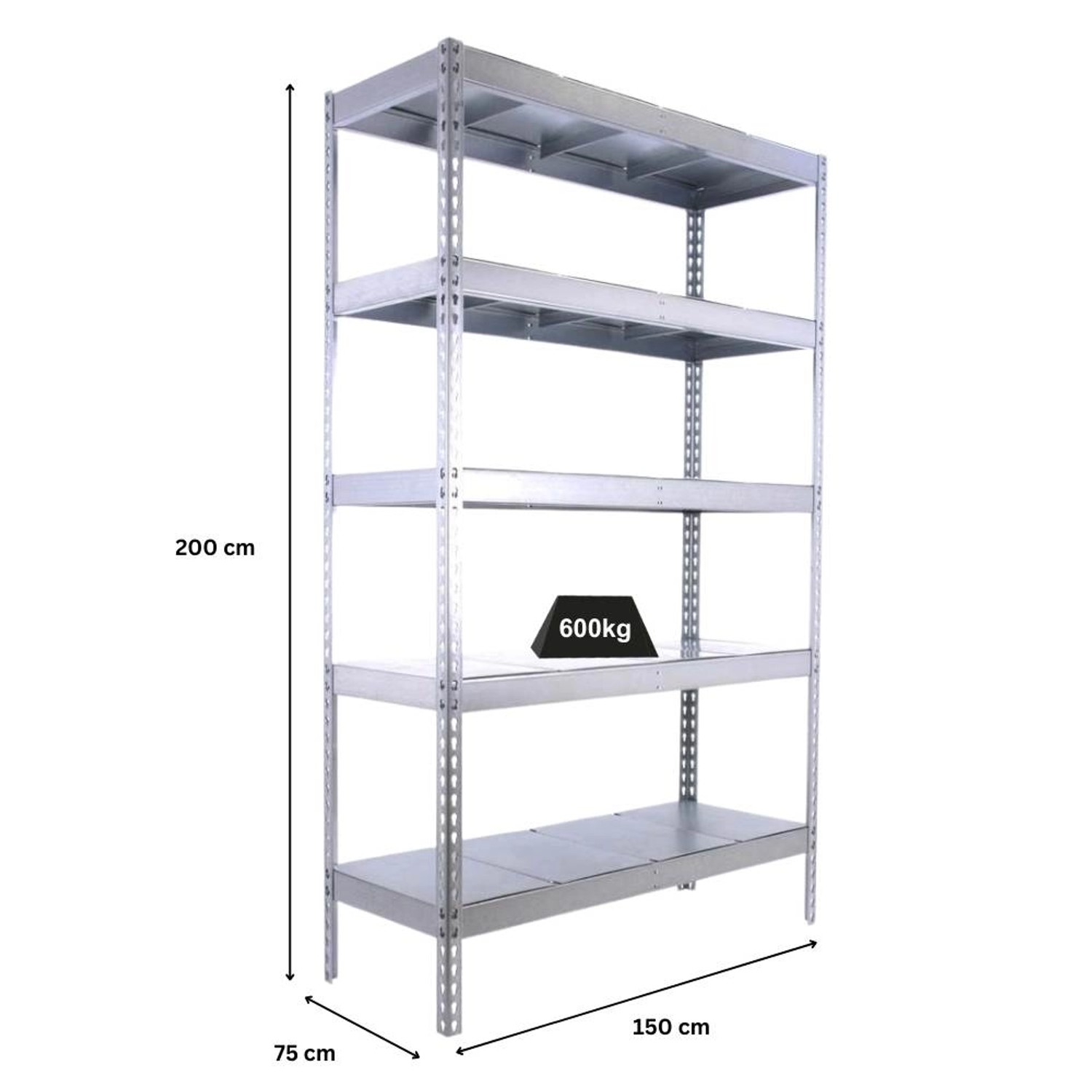 Verzinktes PROREGAL Schwerlastregal Metal Beast Five, 200x150x75 cm, Fachlast 600 kg.