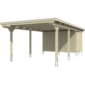 Weißer Skan Holz Carport Emsland mit Abstellraum, Holzkonstruktion mit flachem Dach.