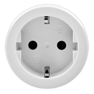 Weiße Smartwares WLAN-Steckdose (2.300 W) für die Hausfunksteuerung, Detailansicht.