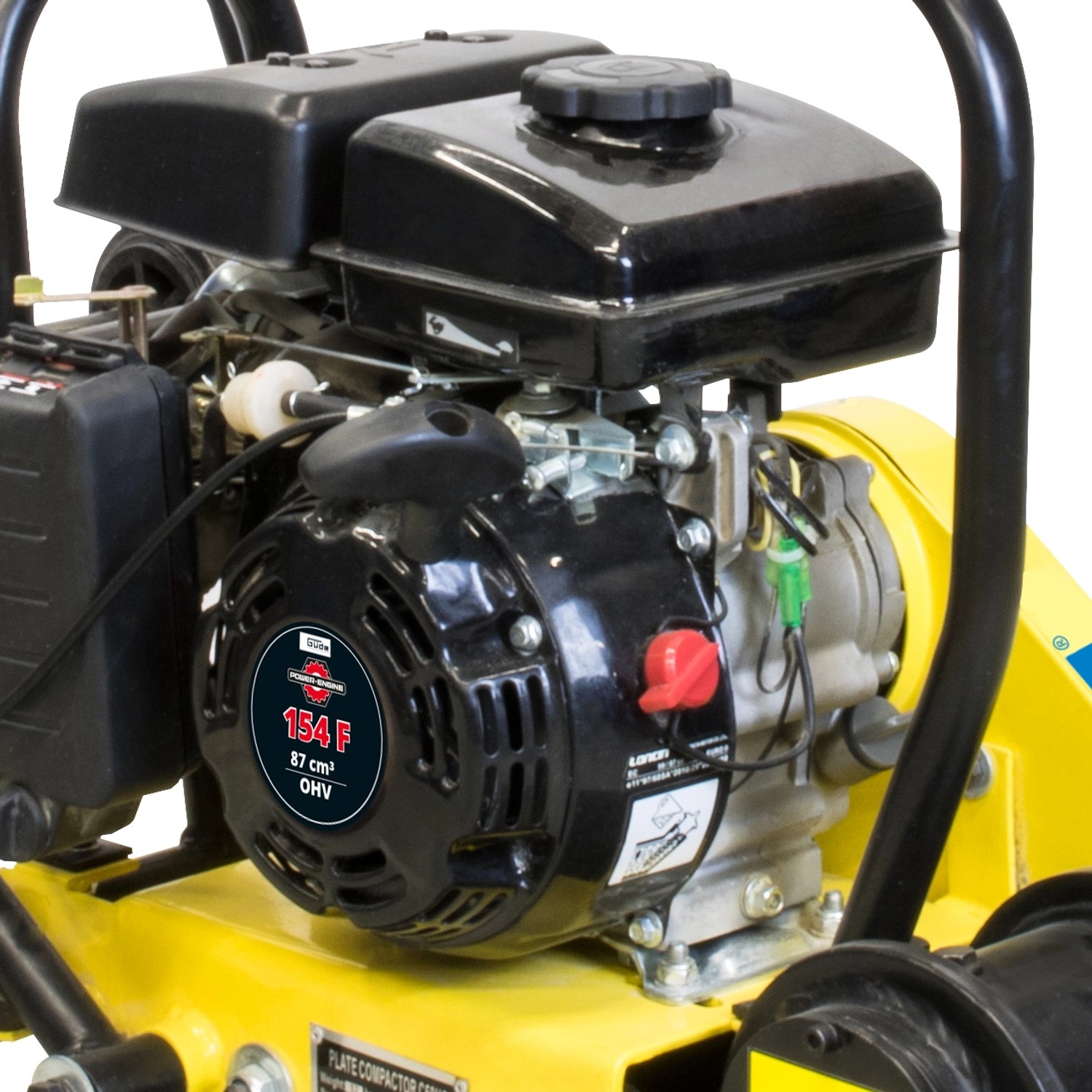 Detailaufnahme der Güde Rüttelplatte GRP 50 in Gelb-Schwarz. Baugerät für Verdichtungsarbeiten.