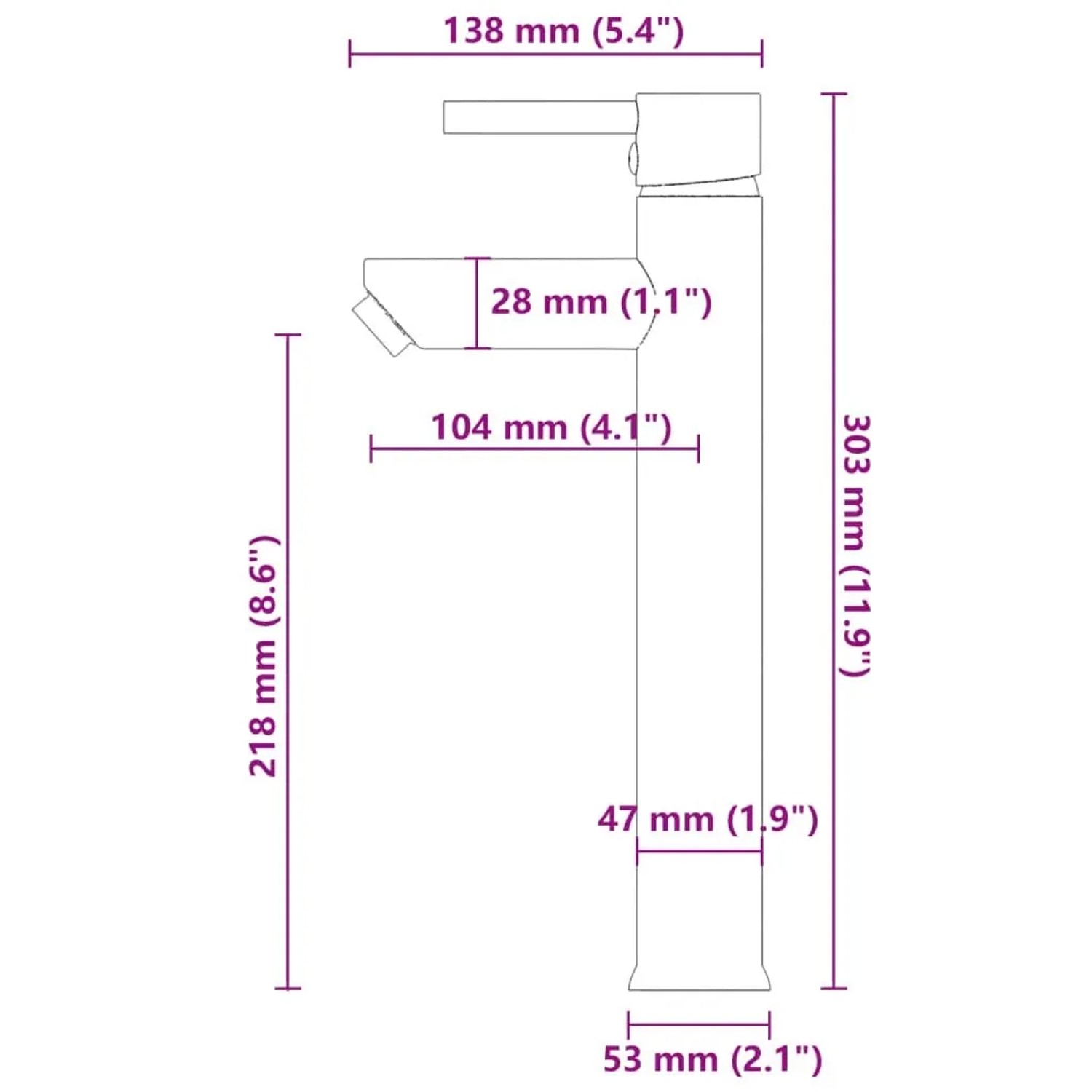 Technische Zeichnung des vidaXL Badezimmer Wasserhahns. Maße der Waschtischarmatur: 303 mm Höhe, 104 mm Ausladung.