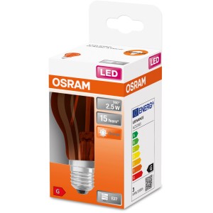Osram LED-Leuchtmittel E27 in Glühlampenform, 2,5W, warmes Licht, im Karton.