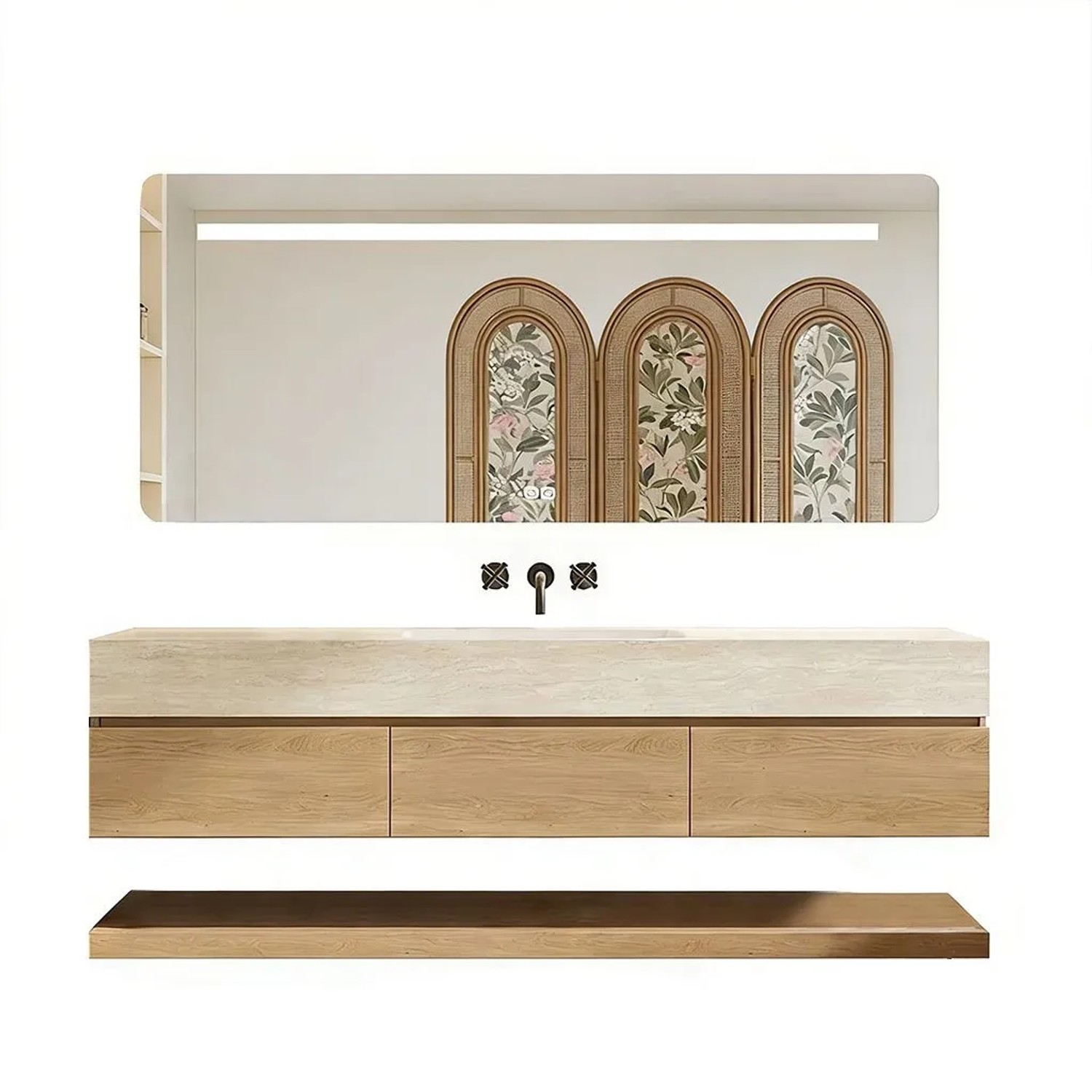 360Home Wandhängendes Waschbecken Set Sinterstein Travertin Optik 140 CM Mit Spiegel Unterschrank Ohne Armaturloch RW9865140BKK