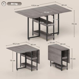 Grauer HOMCOM Esstisch ausziehbar mit Ablagefächern und Rollen, verschiedene Ansichten mit Maßen.