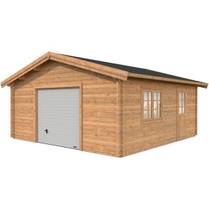 Palmako Holzgarage Roger, braun, mit Sektionaltor, Fenster und Tür. Ideal als Fertiggarage, Werkstatt oder Lagerraum.