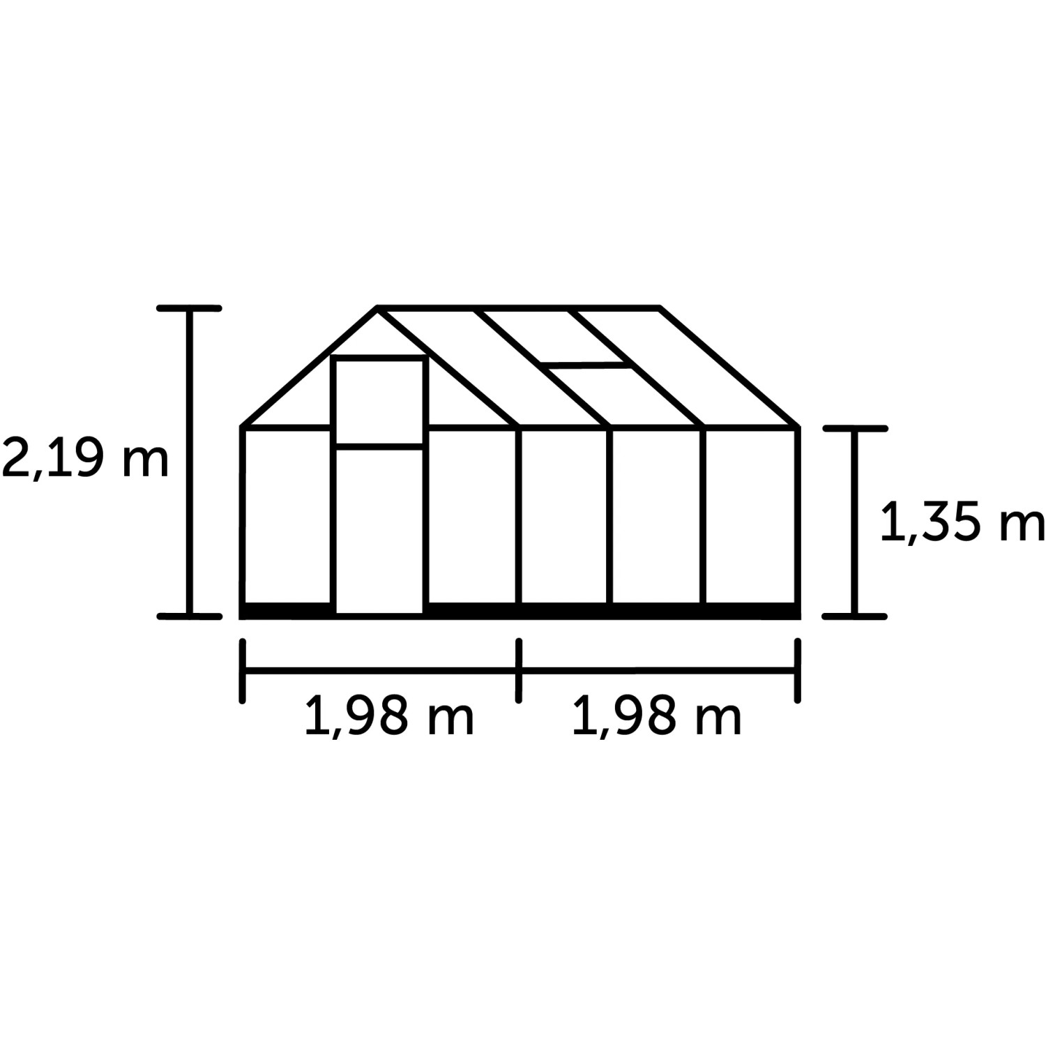 Skizze des Halls Gewächshaus Qube 66 Schwarz mit Maßangaben.
