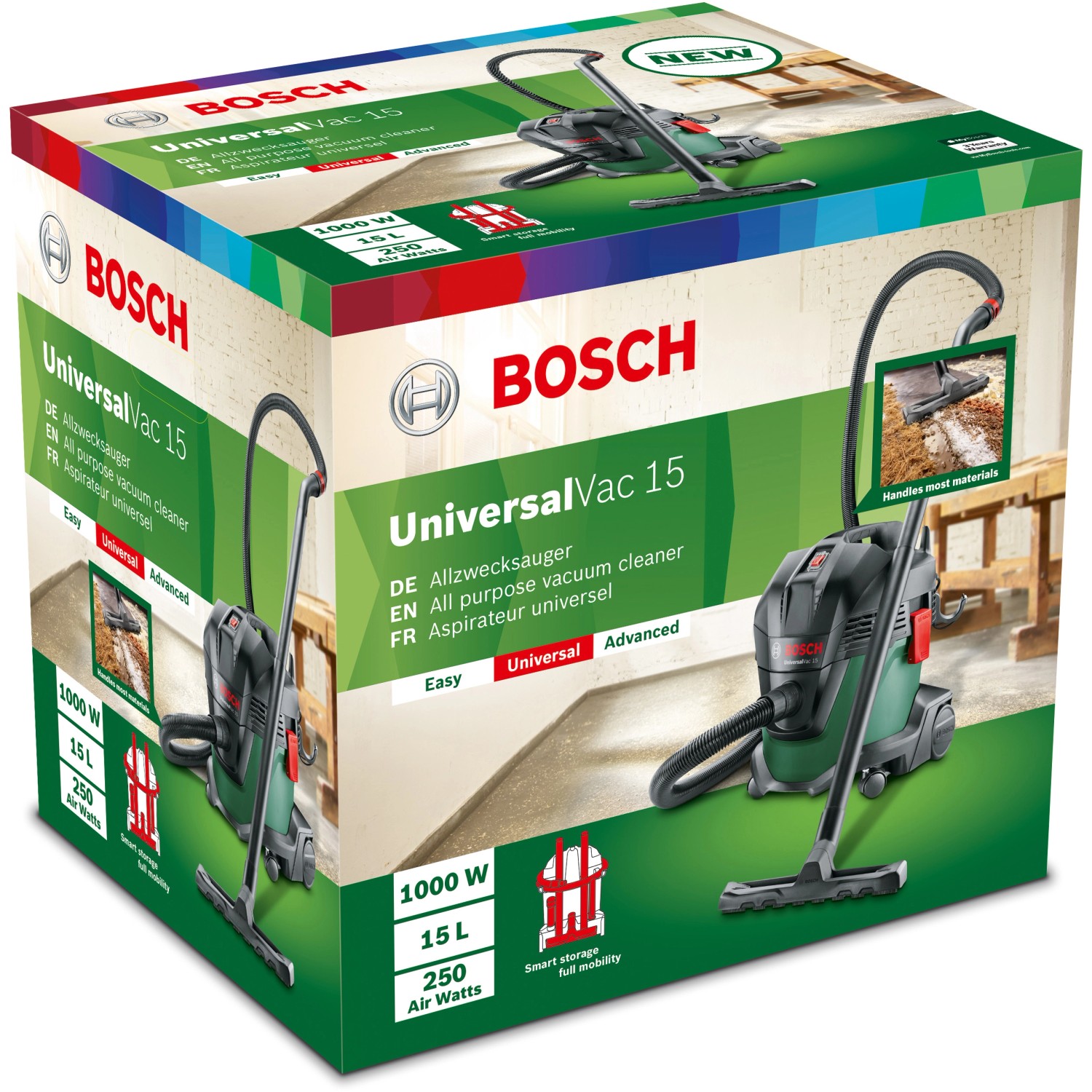 Verpackung des Bosch UniversalVac 15 Nass- und Trockensaugers, ein Allzwecksauger.