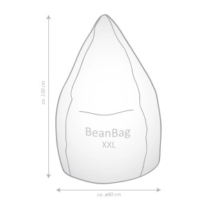 Abbildung eines schwarzen Sitting Point Sitzsack Easy (300 l) mit Maßangaben.