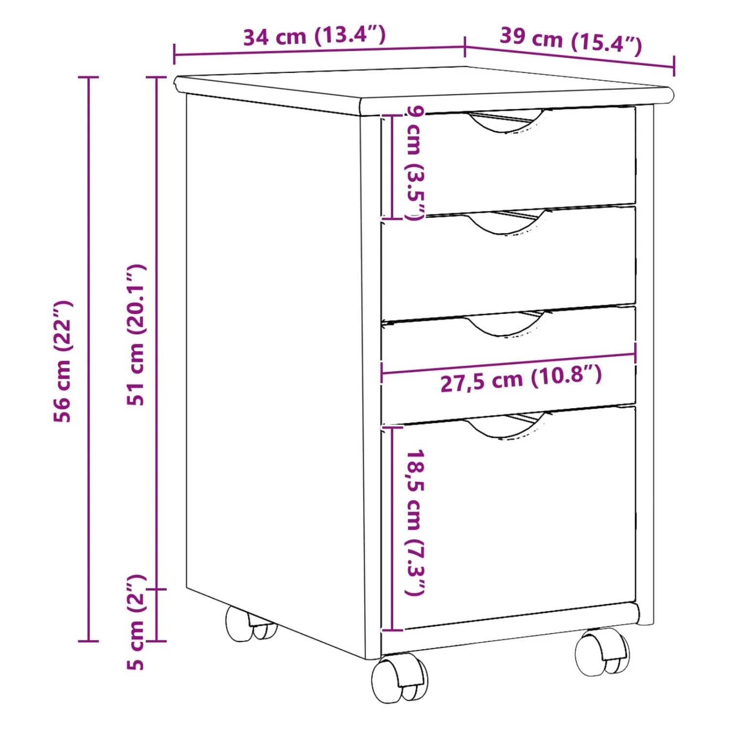 Schwarzer vidaXL Rollschrank aus Kiefernholz, 34x39x56cm, mit 4 Schubladen. Wohnzimmerschrank für mehr Stauraum.
