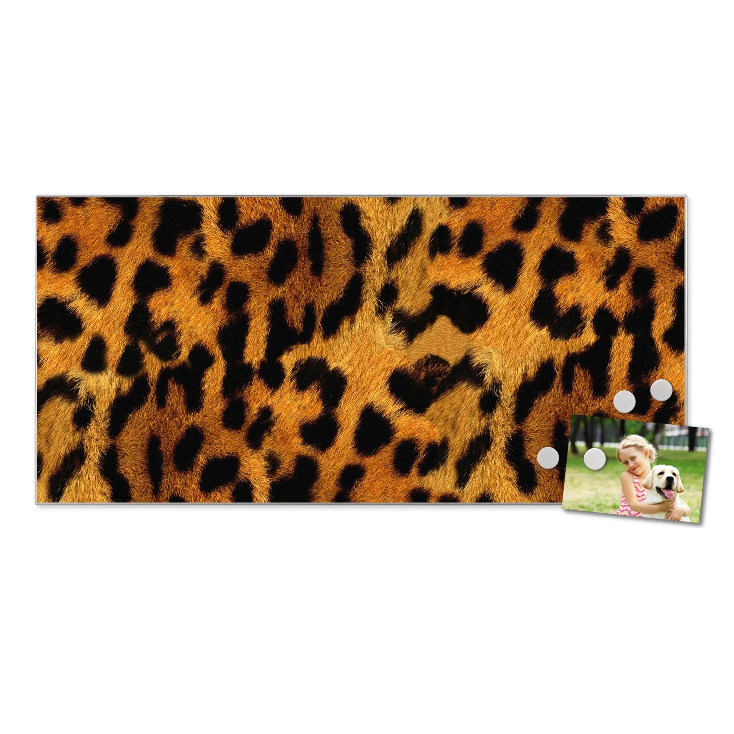 Banjado Magnettafel 78x37cm mit Leopard-Motiv, silberne Magnetwand mit Foto und Magneten.