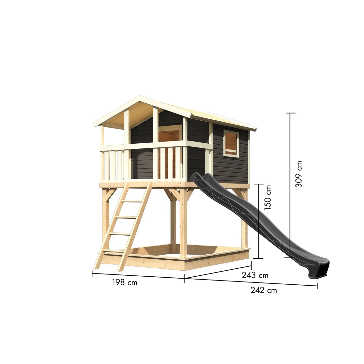 Karibu Stelzenhaus Benjamin mit Rutsche in Natur-Grau, mit Leiter und Podest.