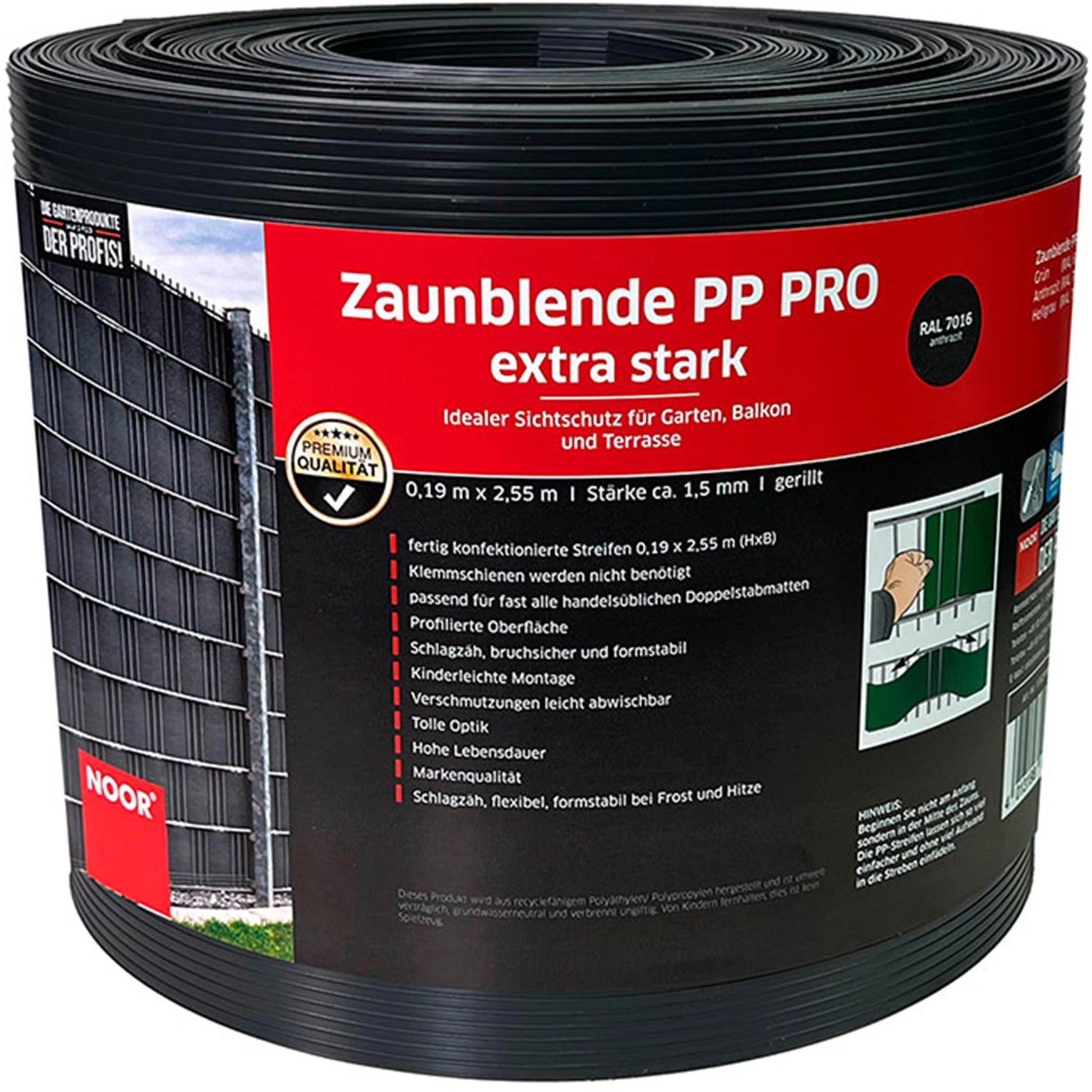 Noor Sichtschutzstreifen PP Pro Extrastark 0,19 m x 2,55 m Anthrazit günstig online kaufen