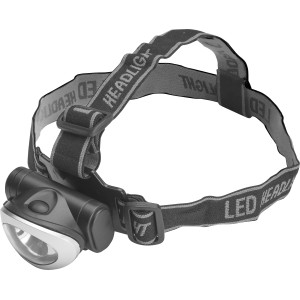 LED Kopflampe LX328, silber-schwarz, mit verstellbarem Kopfband für Sport und Freizeit.