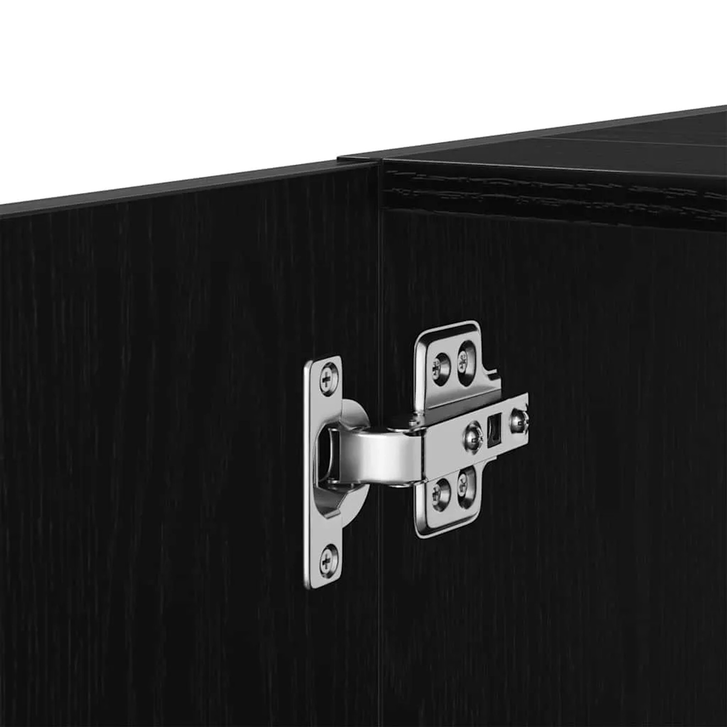 Detailaufnahme: Scharnier am schwarzen Waschbeckenunterschrank in Eichen-Optik.