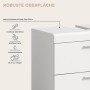 Detailansicht Waschbeckenunterschrank mit Schubladen, weiße Hochglanzfront, robuste Oberfläche.