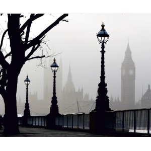 Sanders Fototapete London in Grau/Schwarz, 360x270cm. Skyline mit Big Ben und Straßenlaternen im Nebel.