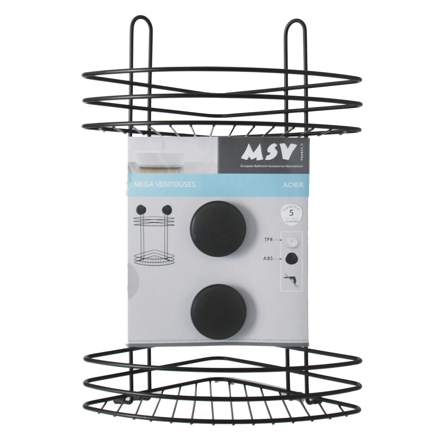 MSV Eck-Duschregal Mega Ventouses, mattschwarz, aus Stahl. Badregal zur einfachen Montage ohne Bohren.