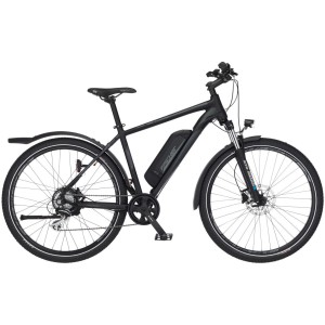 Schwarzes Fischer E-Bike ATB 27,5 Terra 2.0 mit Schutzblechen und Beleuchtung.